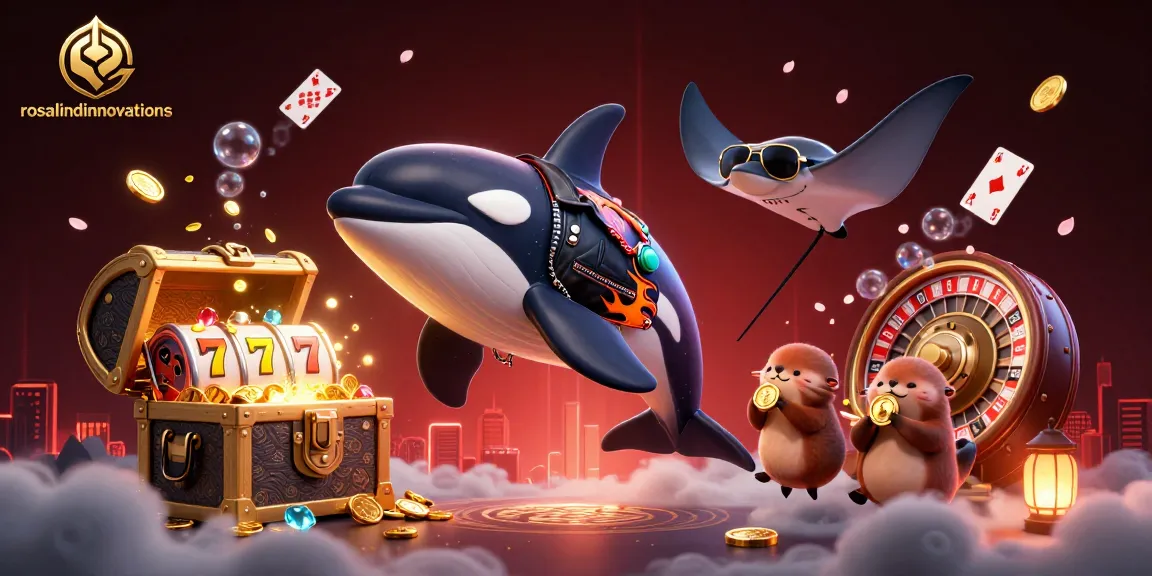 Engage in thrilling online gaming with rosalindinnovations and witness an energetic scene full of slot reels and sea creatures.