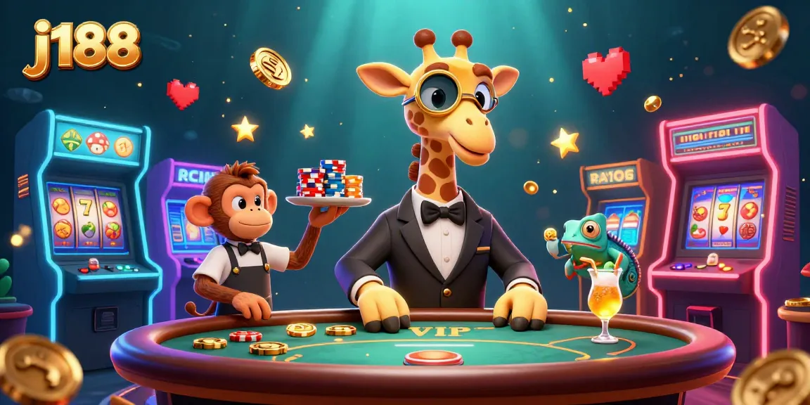Experience vibrant j188 casino action with a high-roller giraffe, monkey valet, and chameleon bartender.