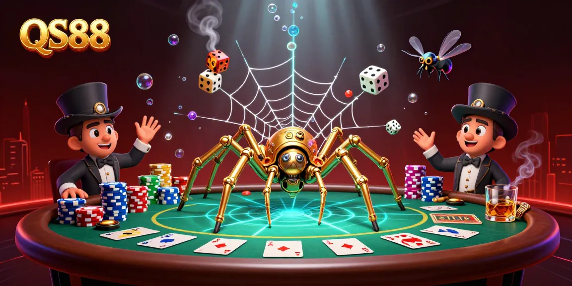 Experience QS88's thrilling games with a steampunk spider taunting dice in a vibrant casino scene.