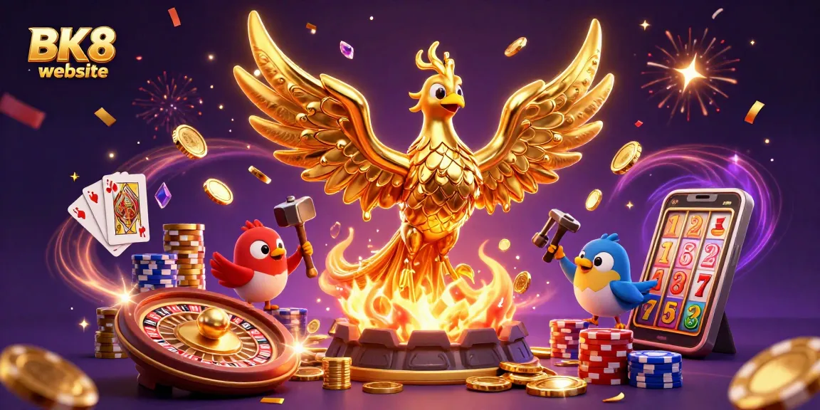 Experience thrilling fun at the BK8 website with a golden phoenix and casino elements.