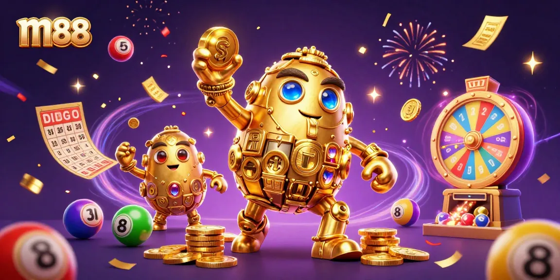 Join the excitement of m88 with vibrant lottery balls and a golden golem in a magical casino atmosphere.