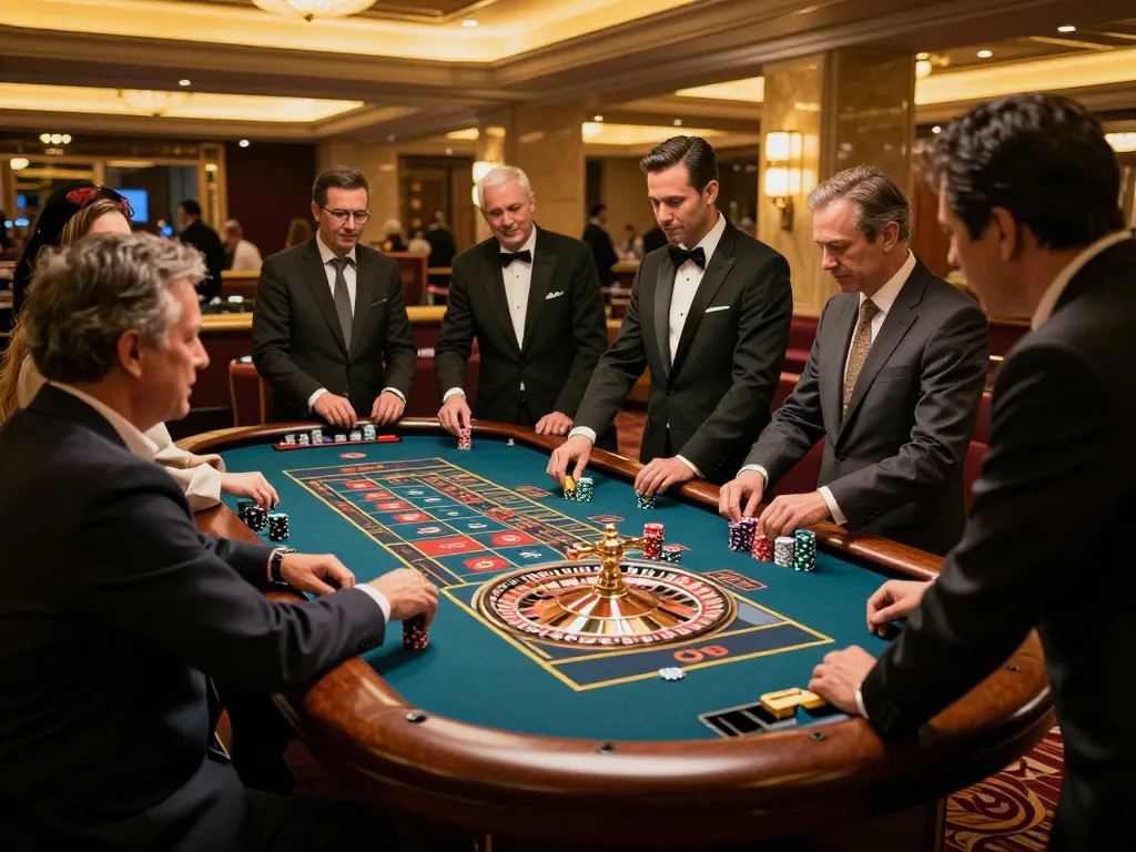 Immobilienmakler Frankfurt Preungesheim Spieler, die an einem Roulettetisch engagiert sind, und die lebhafte Casino-Atmosphäre zeigen