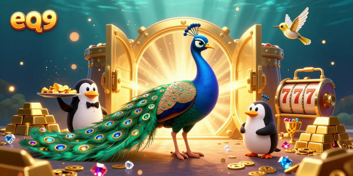 Experience the thrill at eq9, a vibrant 3D casino scene with slot reels, peacock, and shimmering treasures.