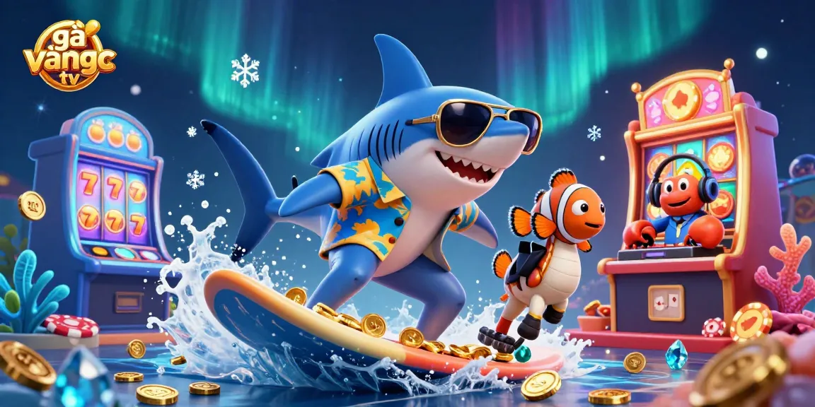Experience the vibrant gà vàng tv casino scene featuring a surfing shark and slot machines.