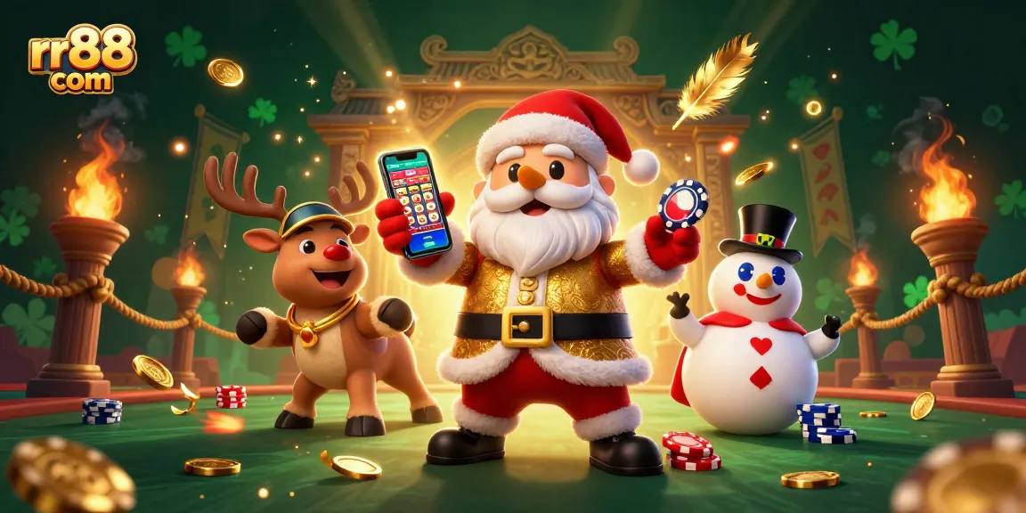 Experience playful gaming action at rr88 com with Santa, a reindeer dealer, and a poker chip snowman!