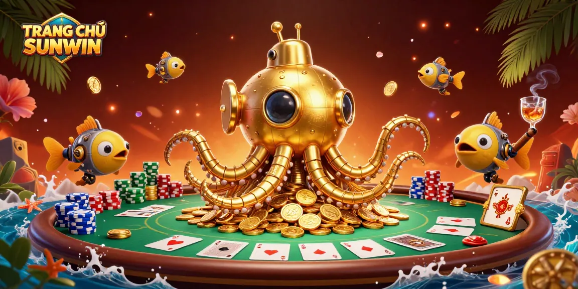 Experience TRANG CHỦ SUNWIN with a vibrant scene of a golden kraken submarine amidst poker excitement.