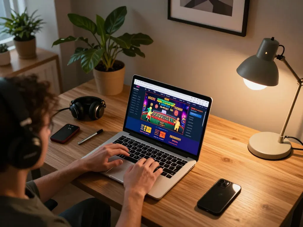 Engaging in online gambling at trang chủ lc88 with a vibrant gaming setup and cozy atmosphere.