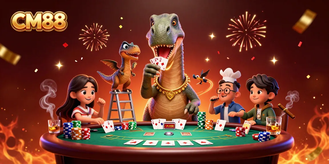 Engaging illustration of CM88 featuring a giant brontosaurus at a poker table creating an exciting gaming atmosphere