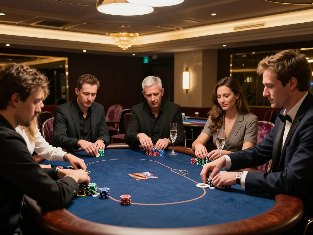 KJC high-roller poker game in an elegant VIP casino area with players engaged in tense gameplay.