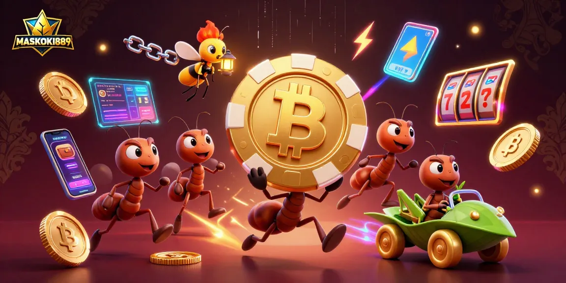 Experience the excitement of MASKOKI889 with ants claiming their golden poker chip in a vibrant casino heist.