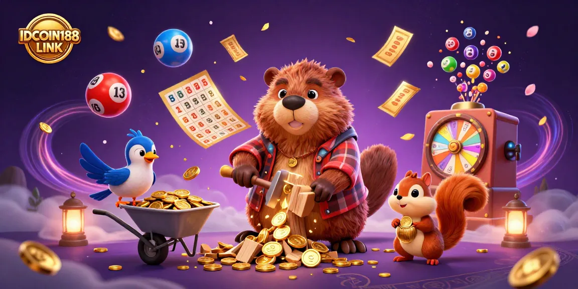 Engage with the thrill of gambling in IDCOIN188 LINK through a vibrant cartoon scene filled with prizes and excitement.