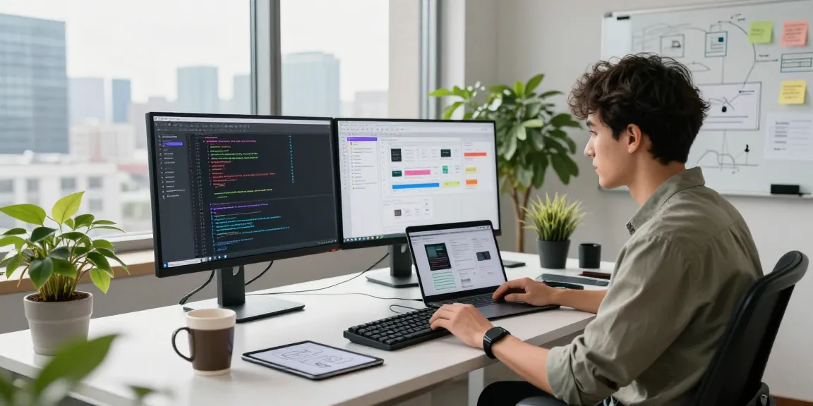 Developer coding at modern workspace featuring dual monitors, showcasing telegraimin.com project management.