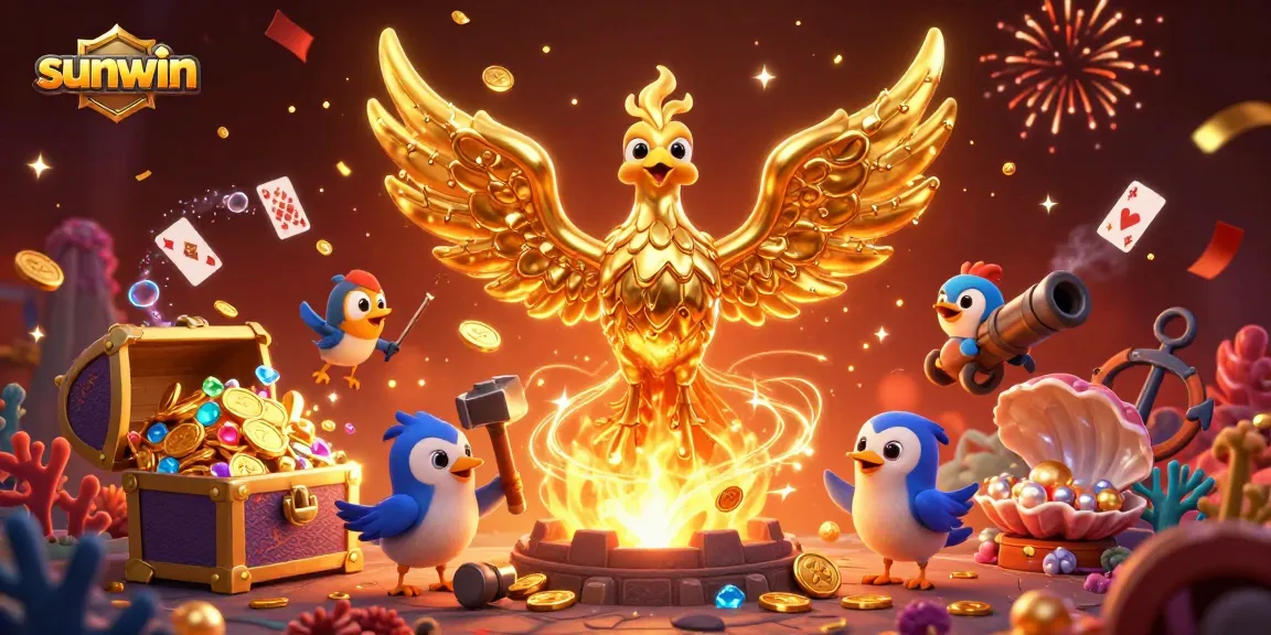 Experience the thrill of sunwin's golden casino games with a rich, vibrant 3D illustration.