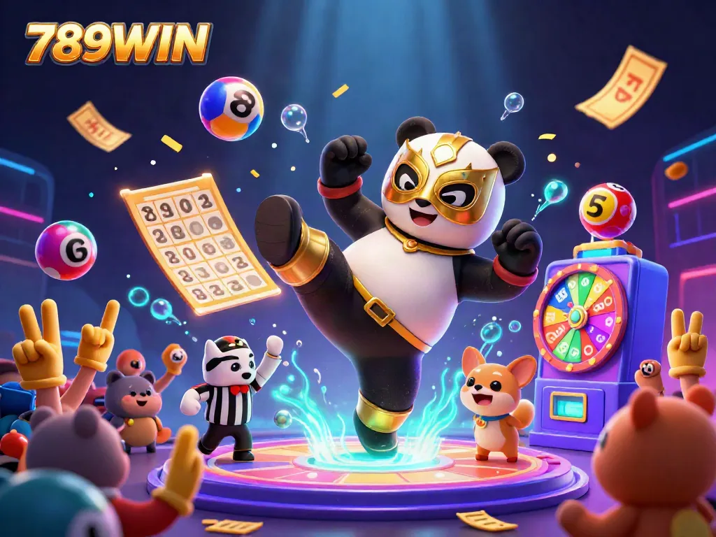 Exciting scene with 789WIN, a panda wrestler performing a dynamic kick surrounded by colorful game elements.