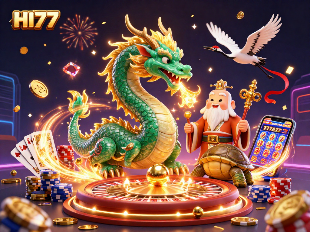 Experience the thrill of HI77 with a massive jade dragon and lucky symbols in a vibrant casino scene.