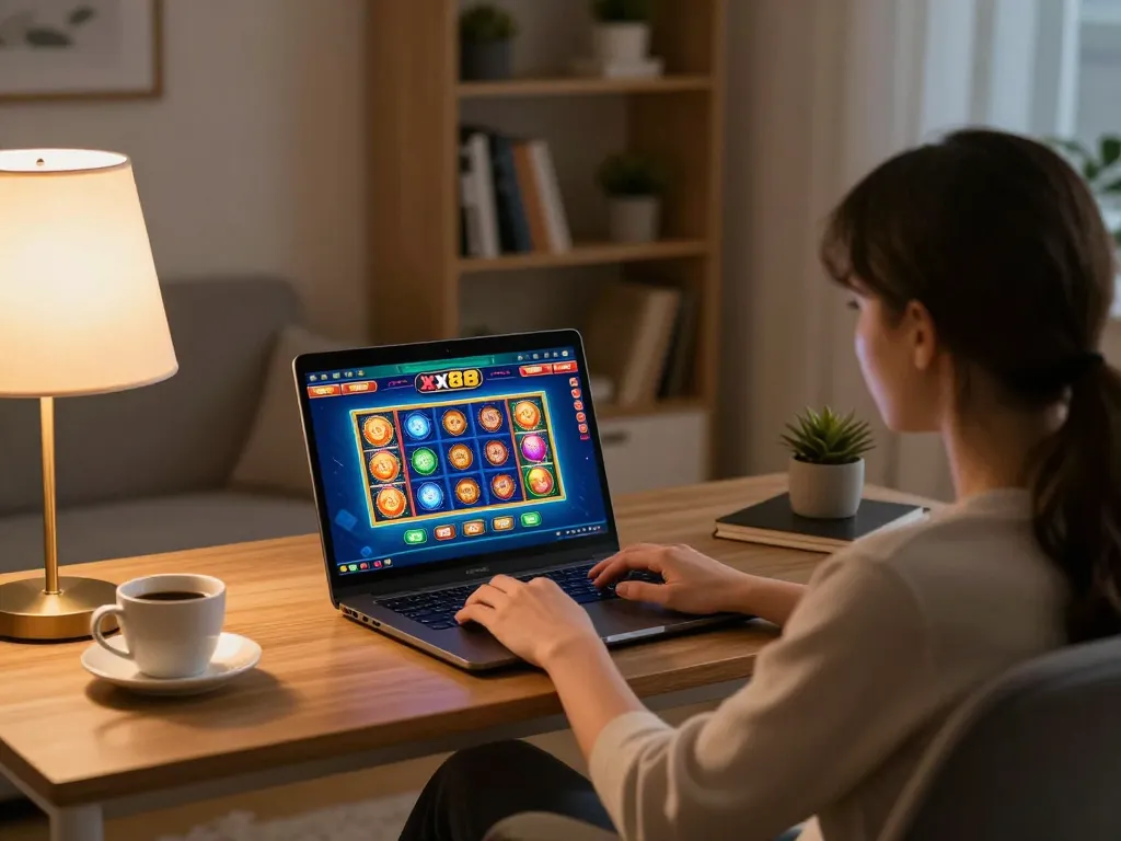 Person engaging with xx88 online casino on laptop in a cozy home setting with warm lighting.