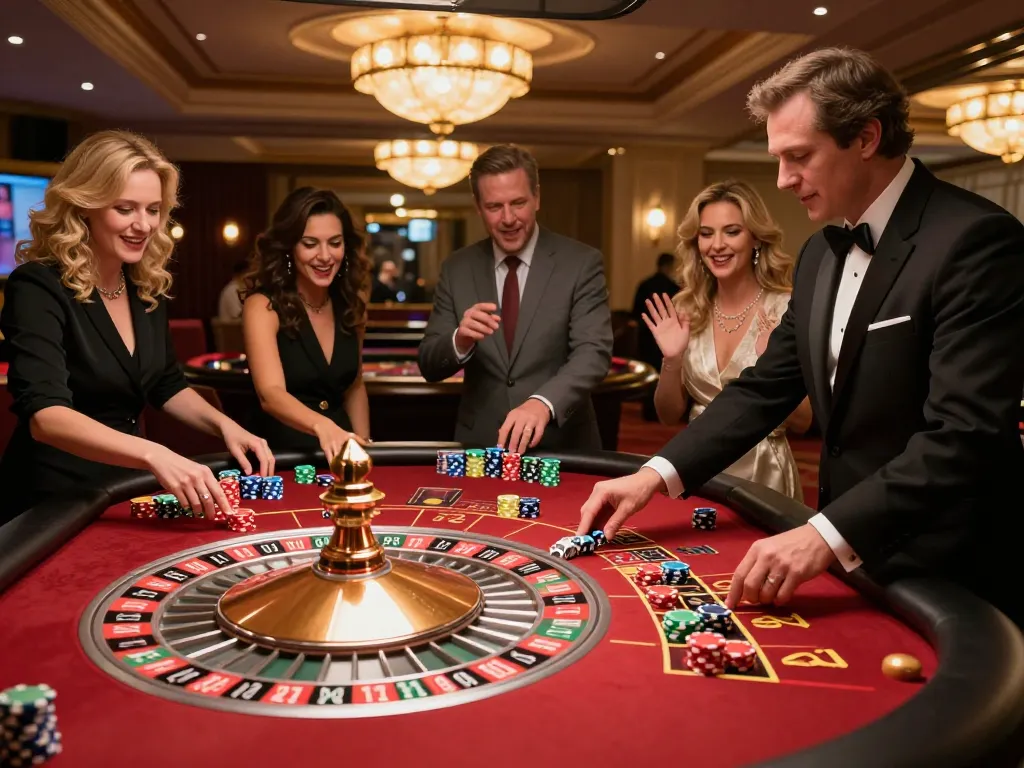 Watch players enjoying a thrilling roulette game at lc88 com casino, glowing ambiance and expert croupier.