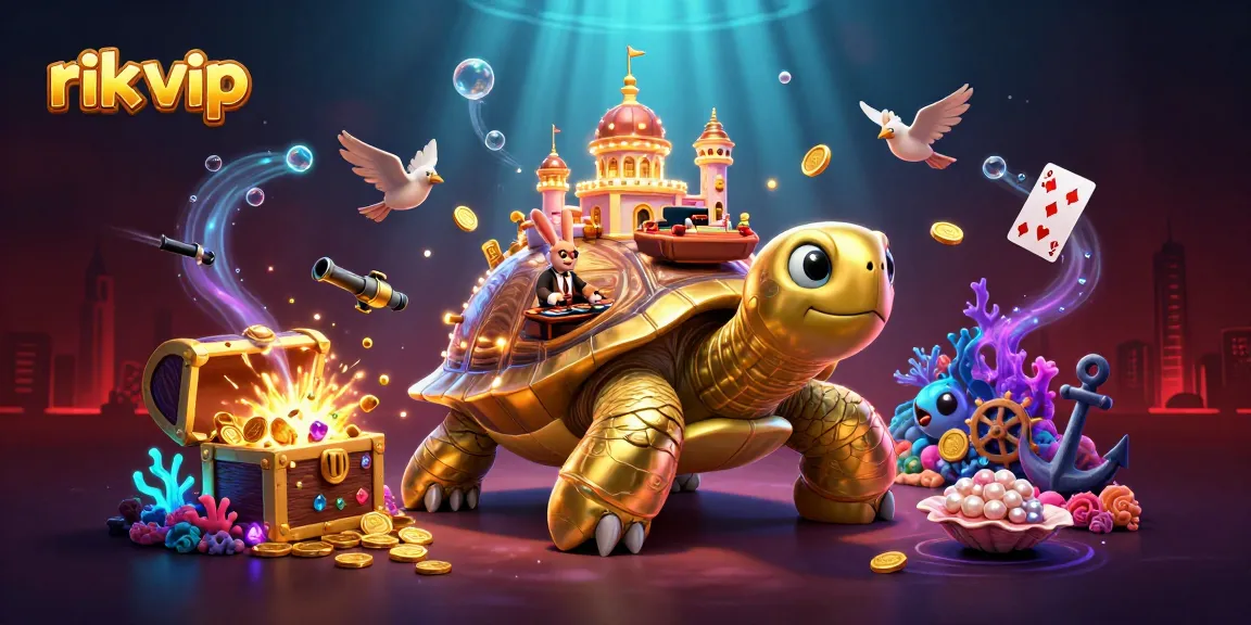 Experience thrilling gameplay at rik vip with a captivating golden tortoise casino scene overflowing with treasures.