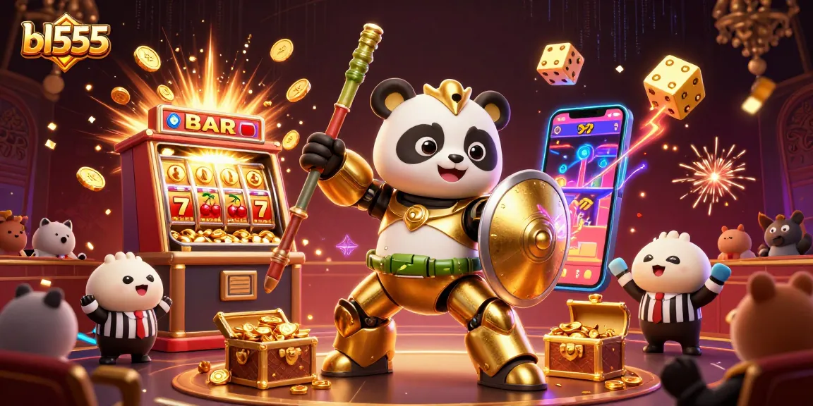 Bl555 online casino showcases a vibrant 3D golden panda in a mech-suit amidst a jackpot explosion.