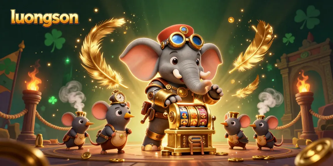 Experience the excitement of gambling with luongson as steampunk characters engage in thrilling action amidst golden coins and dynamic gaming elements.