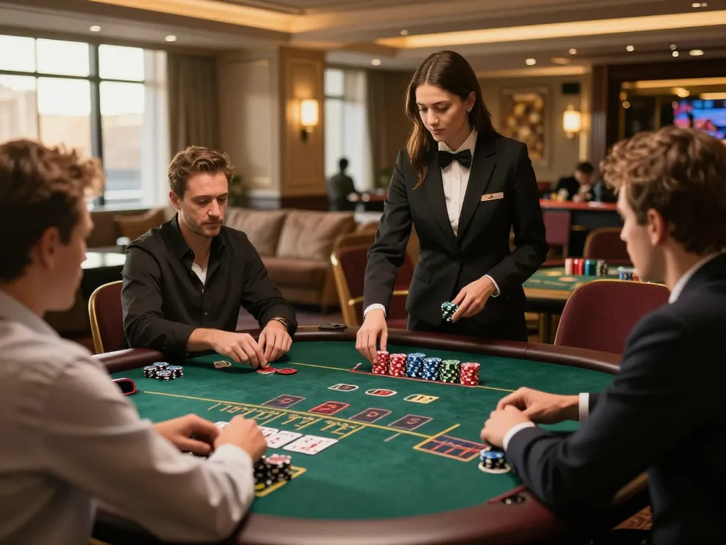 Engaged players in a luxury casino during a game bài đổi thưởng at blackjack table.