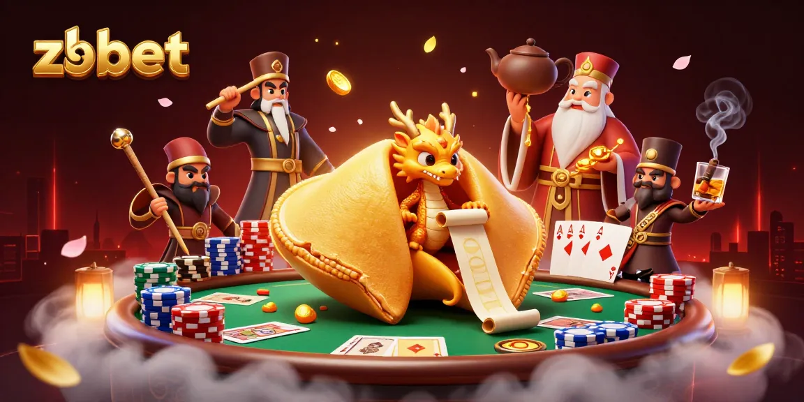Engage with zbet as a wise dragon reads fortunes amidst golden fortune cookies and vibrant casino elements.
