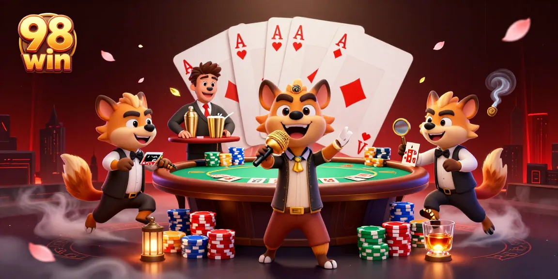 Experience thrilling fun at the 98 win casino club with cartoon hyenas enjoying poker and drinks.