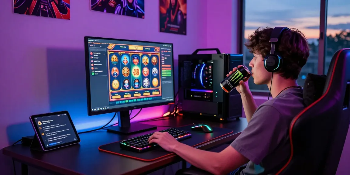 Engaging gamer focused on slot games with deposit pulsa tanpa potongan features, vibrant LED lights and gaming peripherals.