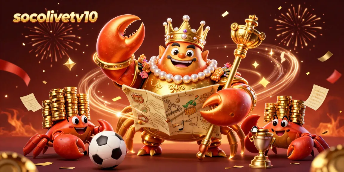 Socolivetv10 showcases a golden emperor crab amidst vibrant sports betting elements in a dynamic casino scene.