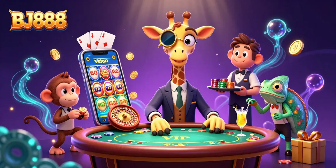 Experience the thrill of winning at BJ888 with a high-roller giraffe and exciting casino elements.