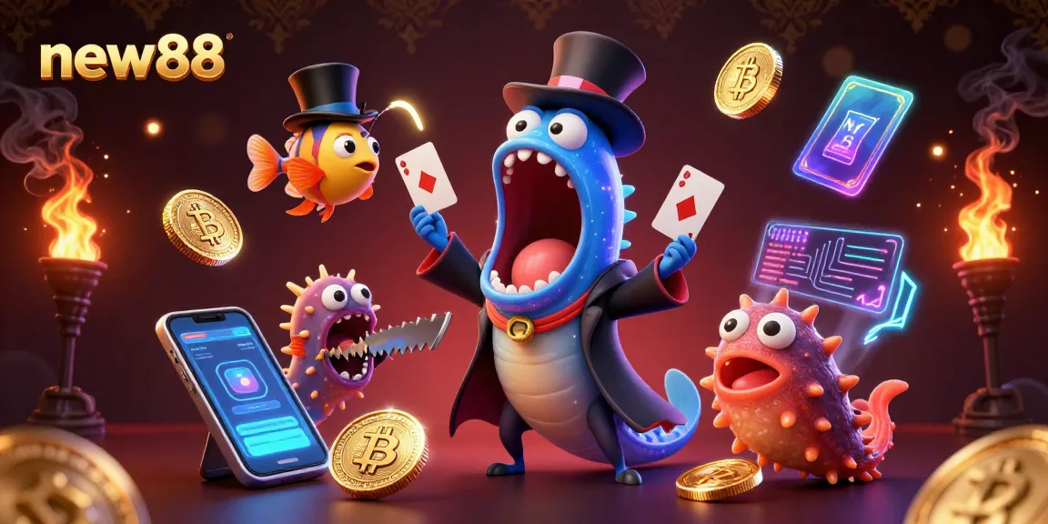 Engage with new88's thrilling magic act featuring a gulper eel and anglerfish amidst crypto elements.