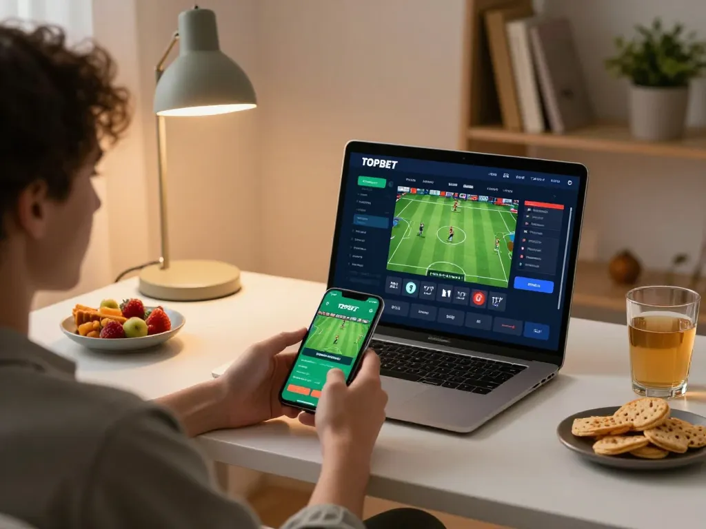 Betting using the TOPBET app on a smartphone in a cozy home setting.