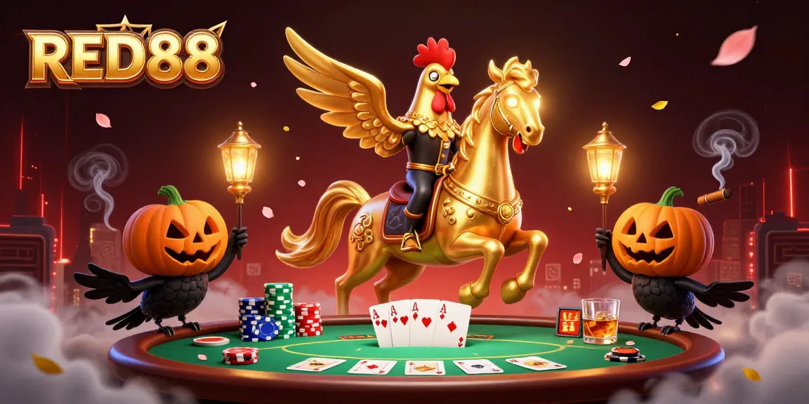 Join the thrilling adventure at RED88 casino with the golden rooster riding through a midnight casino.