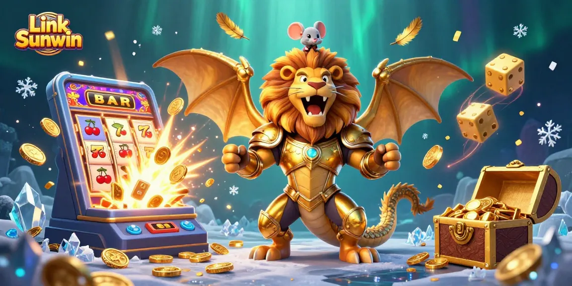 Play exciting slots with Link Sunwin in a vibrant, action-packed casino scene filled with treasures.