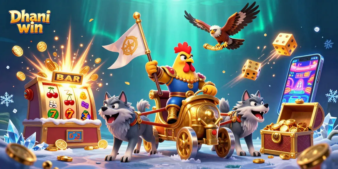 Dhani win game experience illustrated with a rooster warlord, slot machines, and winning symbols
