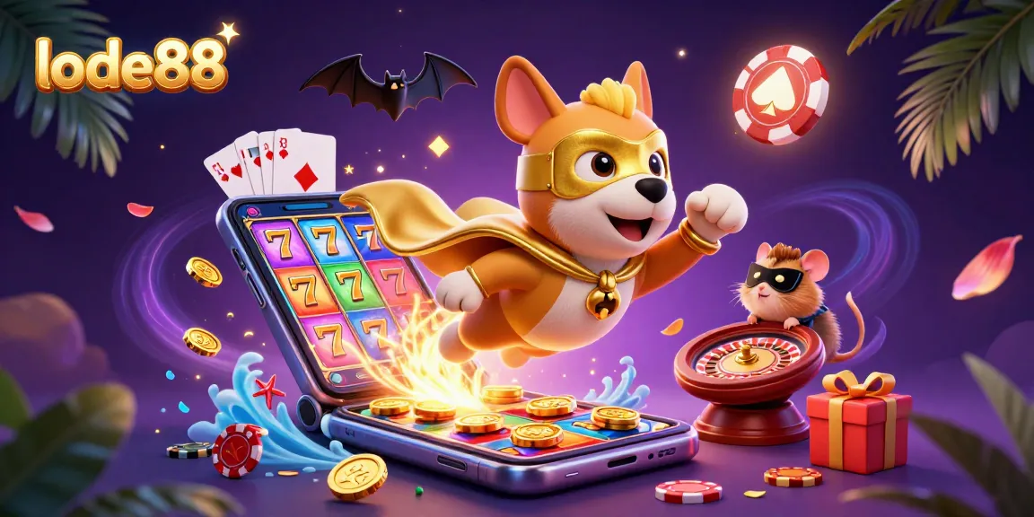Experience gaming excitement with lode88 as the superhero dog flies through a vibrant casino.