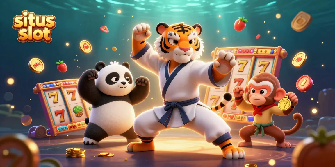 Experience the thrill of situs slot with tiger master, panda disciple, and monkey student in a vibrant casino setting.