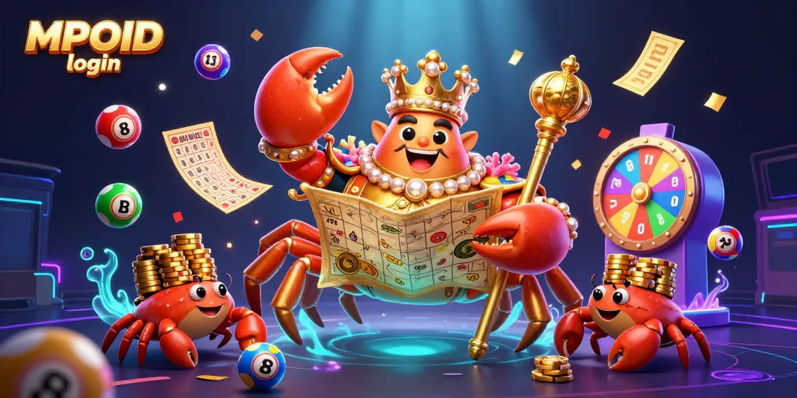 MPOID login: Engage with a vibrant cartoon treasure hunt featuring a golden crab emperor in an exciting gaming portal.
