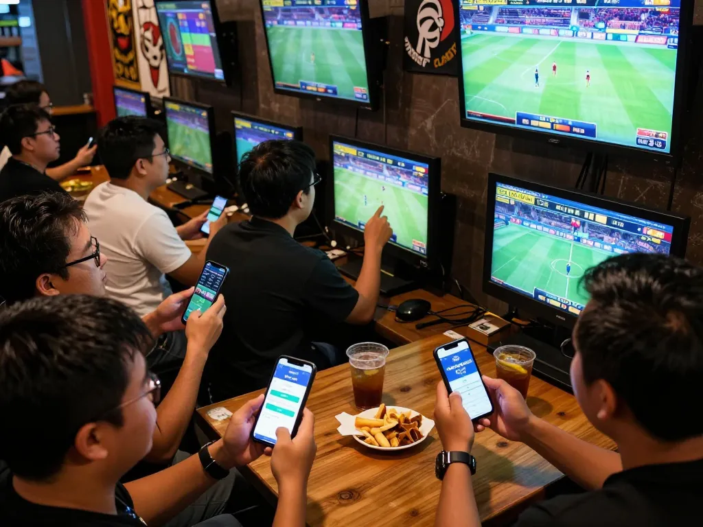Engaged bettors using the keonhacai tv app for live sports betting in a lively environment.
