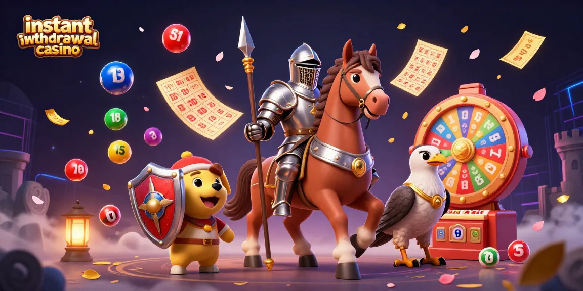 Experience the excitement of an instant withdrawal casino with a 3D knight and festive lottery elements.