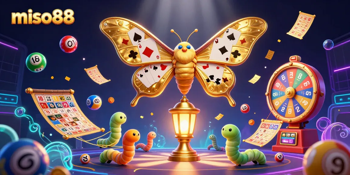 Miso88 showcases a vibrant 3D illustration of a golden moth amidst animated lottery elements, enhancing game excitement.