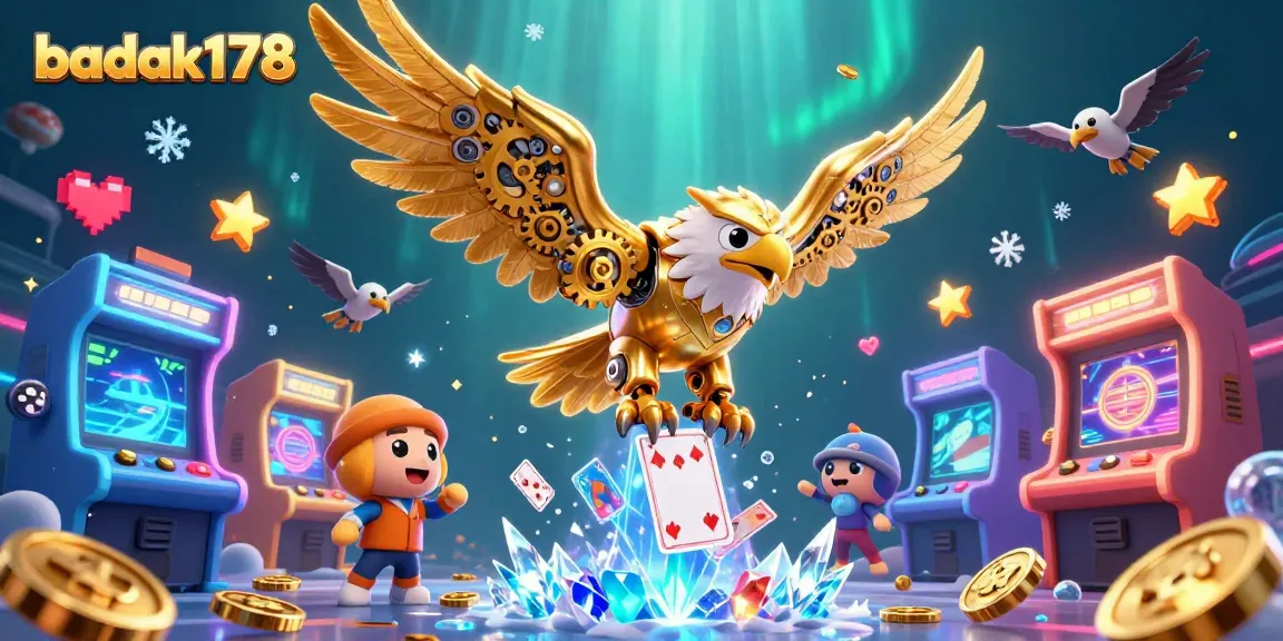 Experience the thrill of badak178 as a cybernetic eagle dives through holographic cards in a vibrant casino