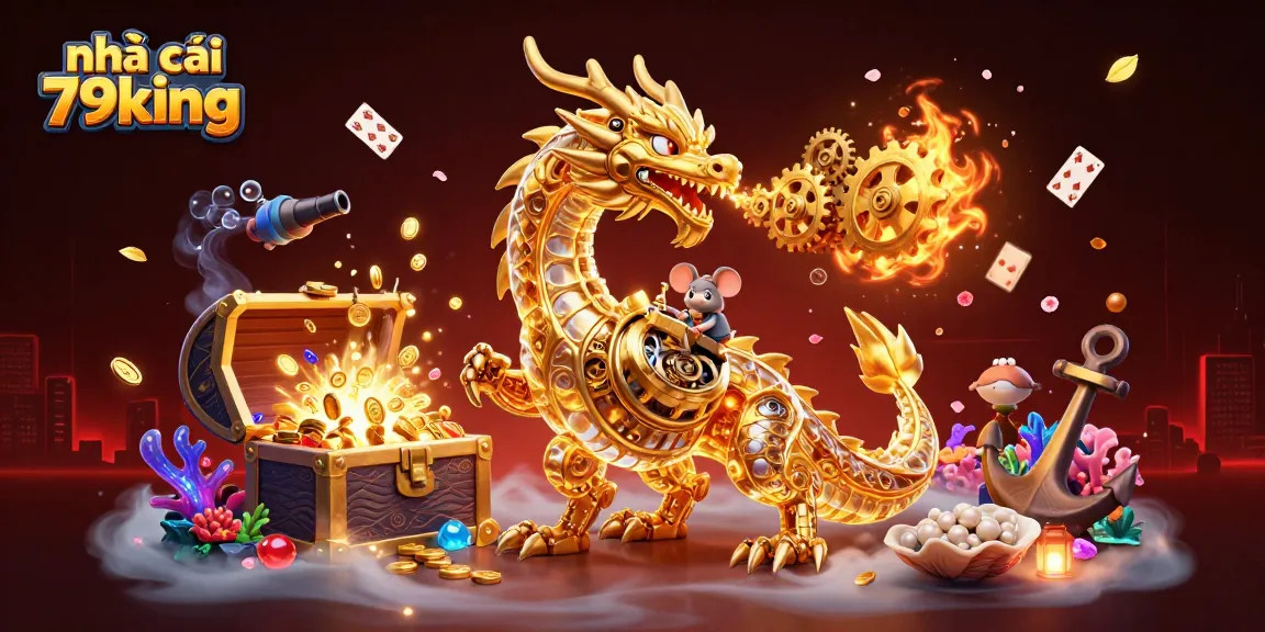 Engage with nhà cái 79king's dynamic gaming universe, featuring a biomechanical dragon and vibrant casino elements.
