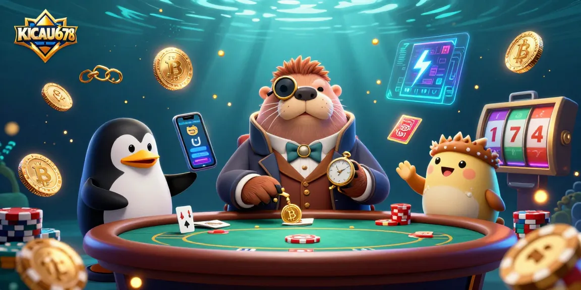 KICAU678 highlights underwater poker with charming characters, Bitcoin and Ethereum coins enhancing the scene.