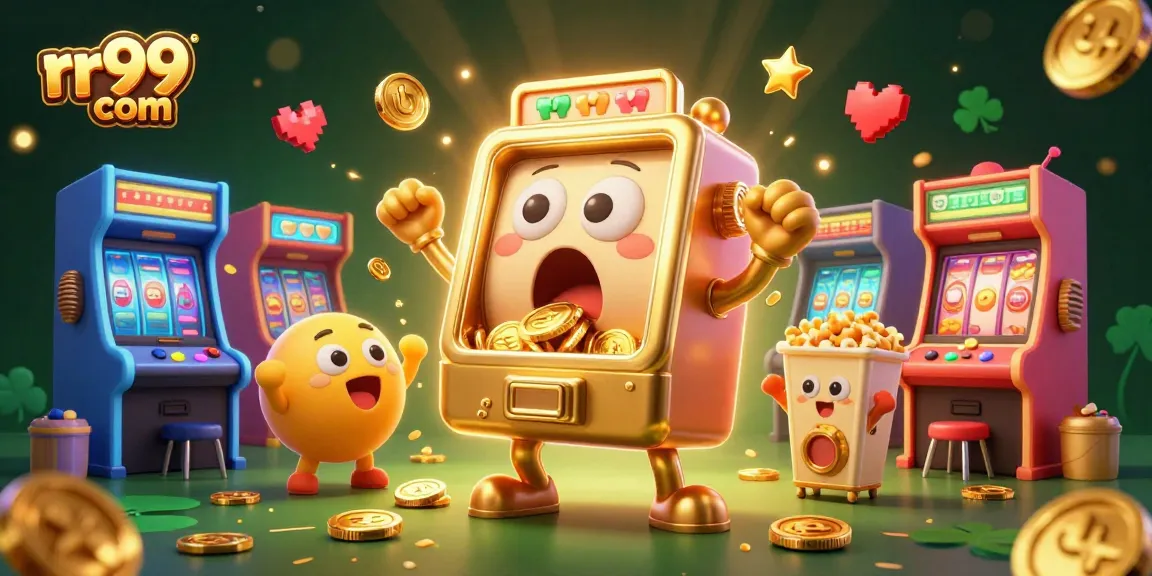 Win big at rr99 com with a lively casino scene featuring golden slot machines celebrating jackpots and fun game elements.