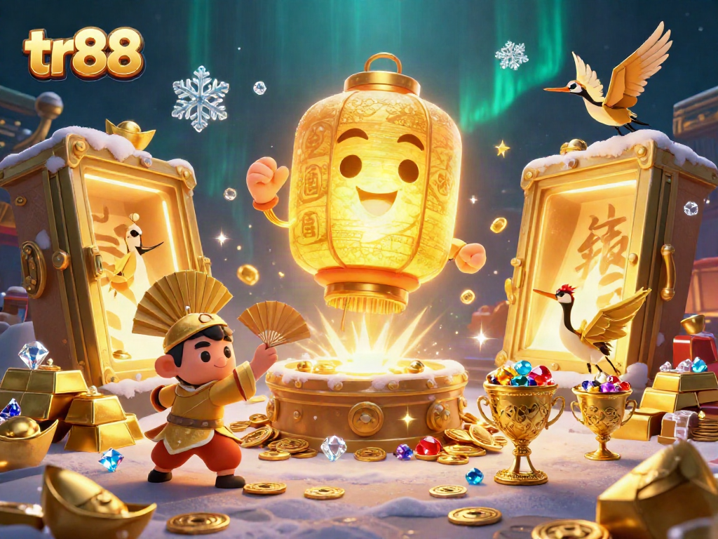 Experience thrilling wins with tr88's dynamic casino illustration featuring golden treasures and lucky symbols.