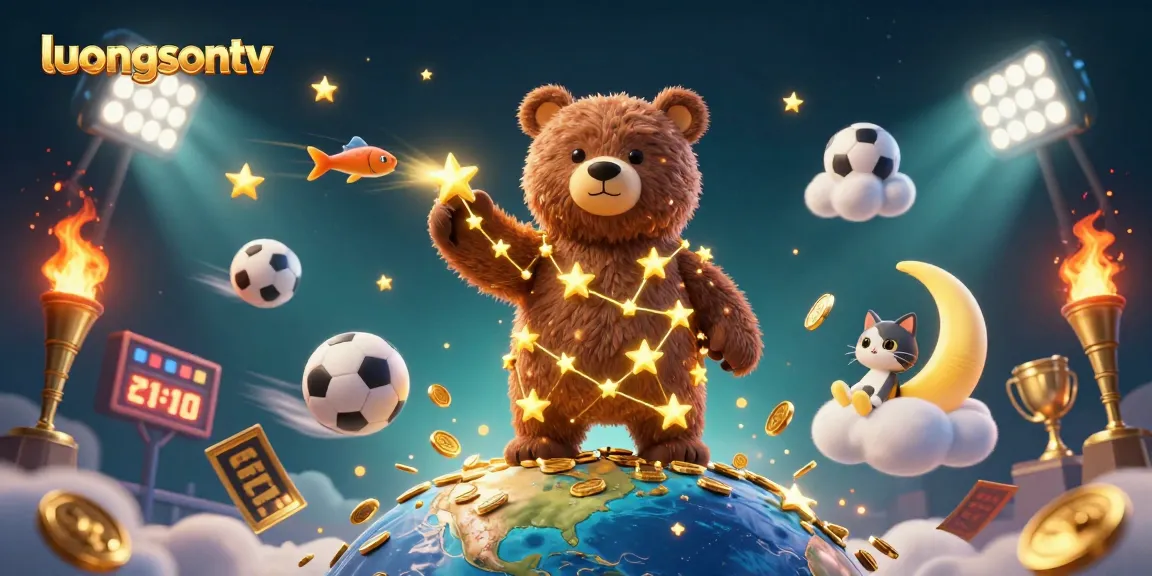luongsontv showcases dynamic sports betting action with vibrant illustration of stars and sports elements.