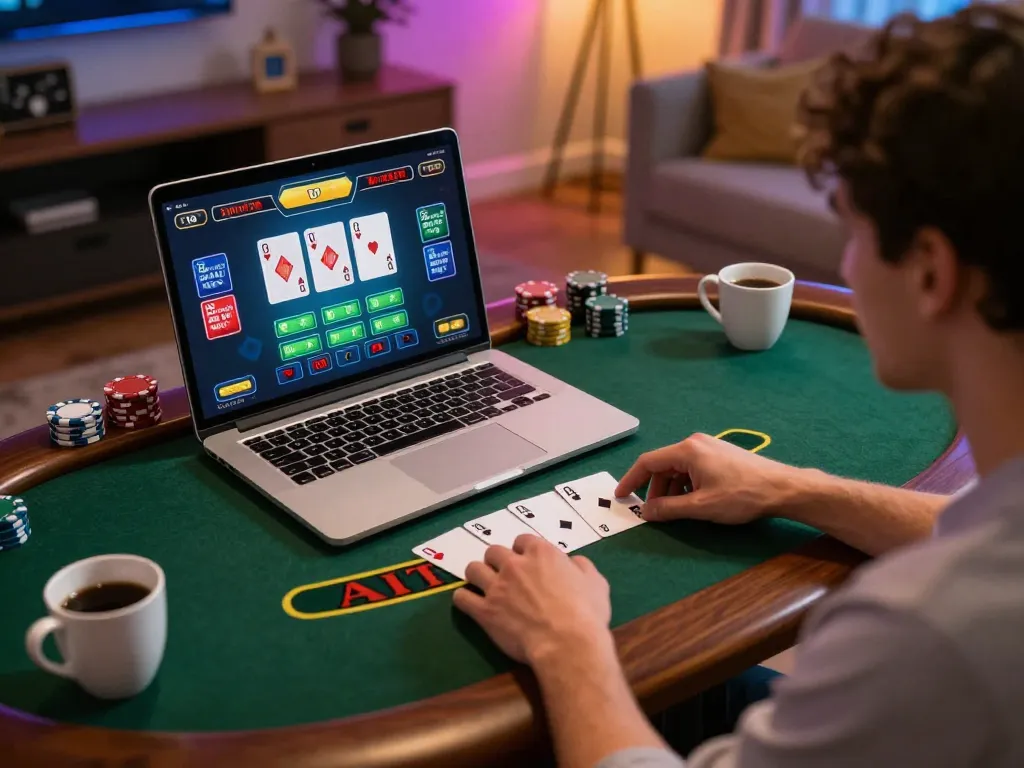 Player enjoying GG88 online blackjack game on laptop, showcasing live dealer interface and cozy home setting.