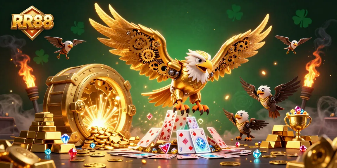 Experience RR88 by diving into a cascading scene of casino elements showcasing a cybernetic golden eagle.