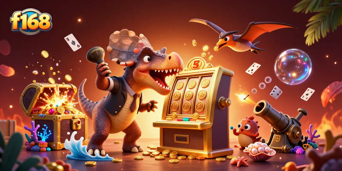 f168 players enjoy a jackpot experience as coins fly from a golden slot machine, amidst vibrant casino elements